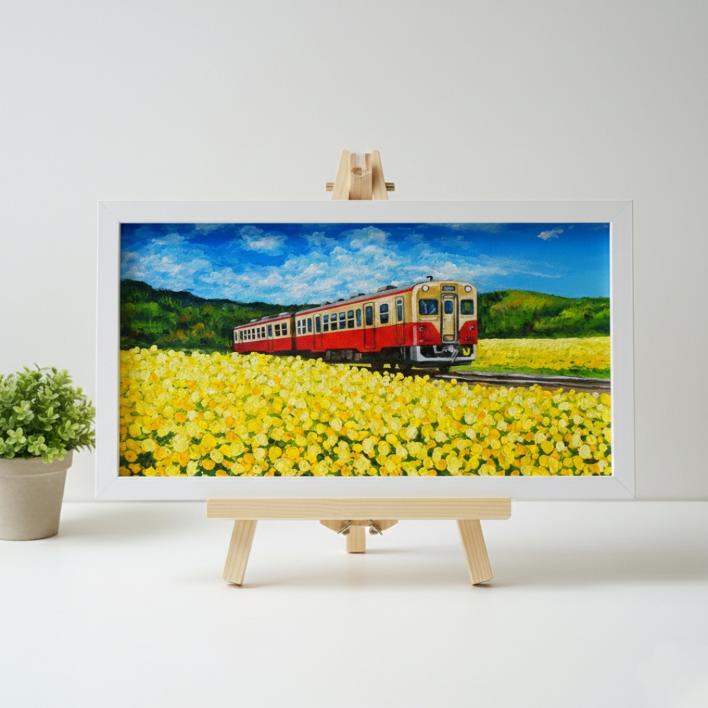 油彩画「石神の菜の花畑とキハ200形」-小湊鐵道の春の情景-