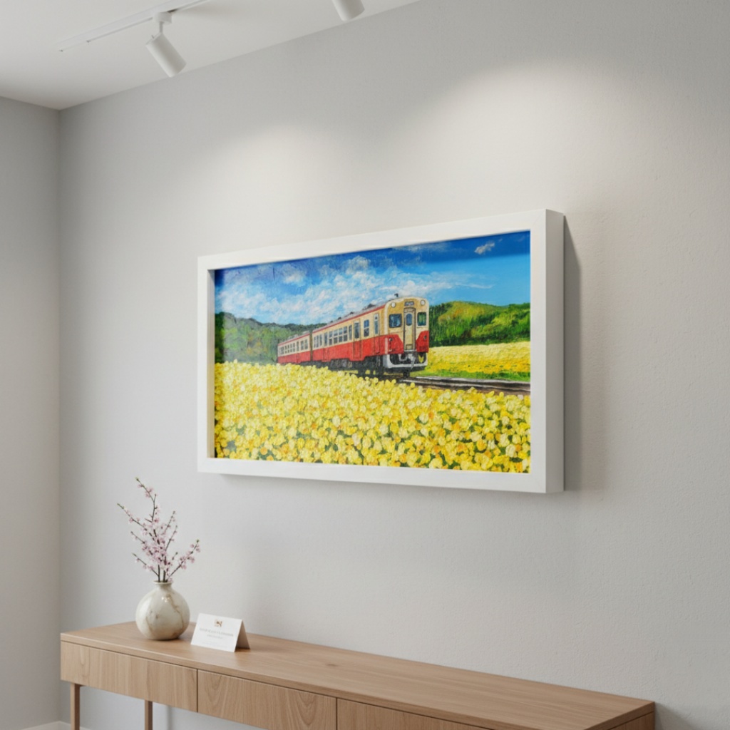 油彩画「石神の菜の花畑とキハ200形」－小湊鐵道の春の情景－