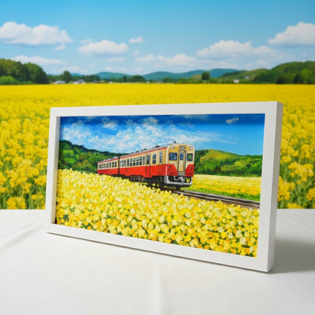 油彩画「石神の菜の花畑とキハ200形」-小湊鐵道の春の情景-