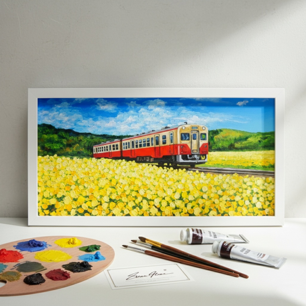 油彩画「石神の菜の花畑とキハ200形」-小湊鐵道の春の情景-