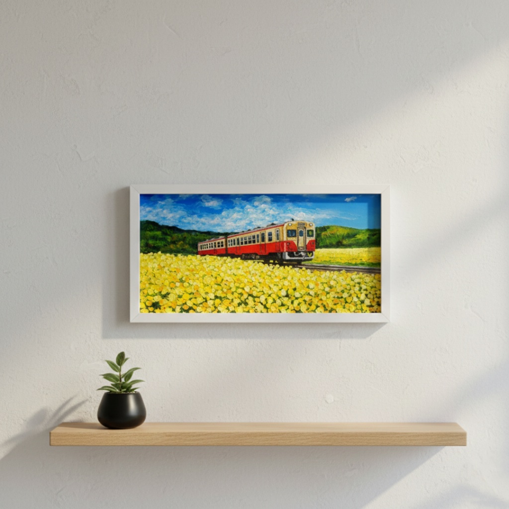 油彩画「石神の菜の花畑とキハ200形」-小湊鐵道の春の情景-
