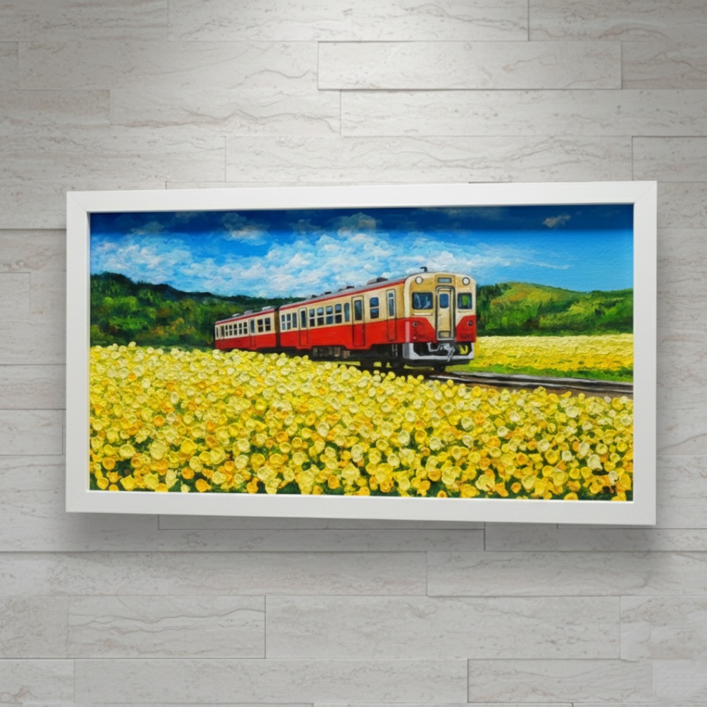 油彩画「石神の菜の花畑とキハ200形」-小湊鐵道の春の情景-