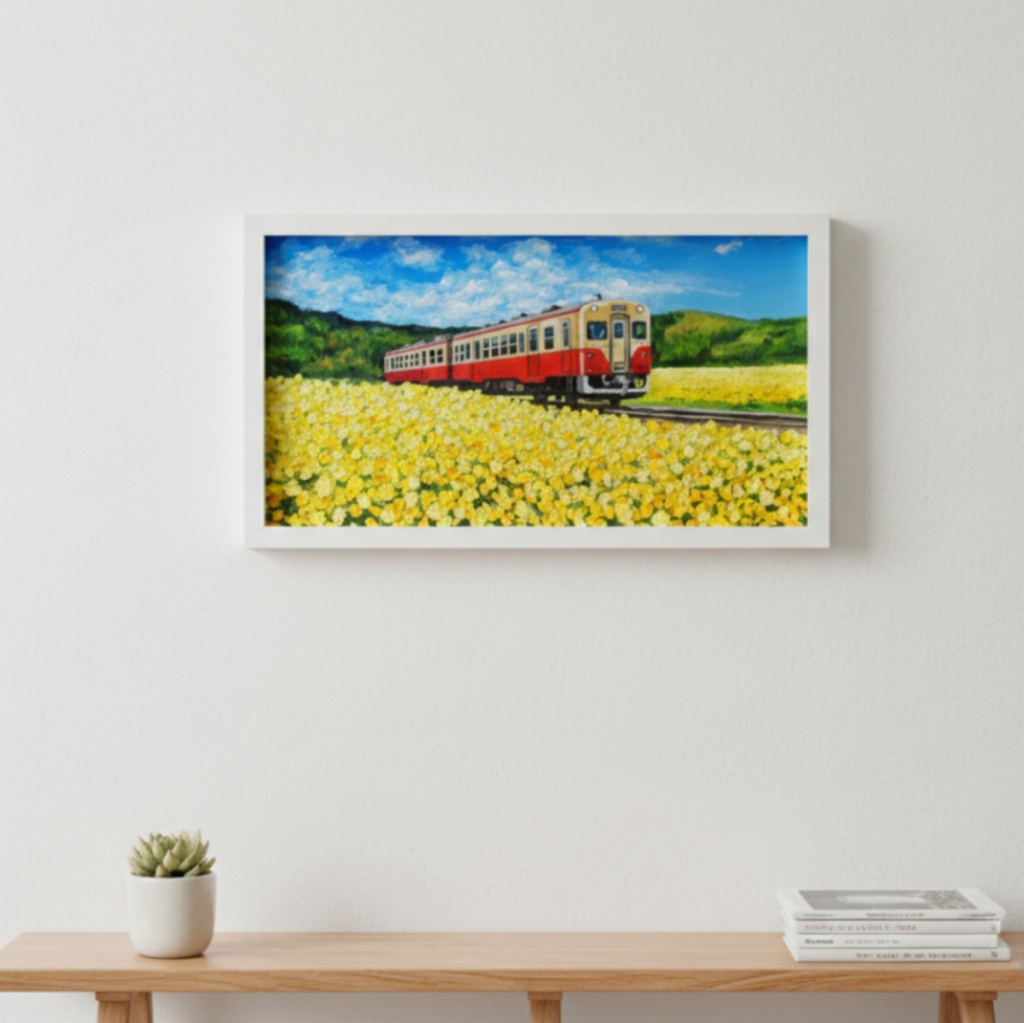油彩画「石神の菜の花畑とキハ200形」-小湊鐵道の春の情景-