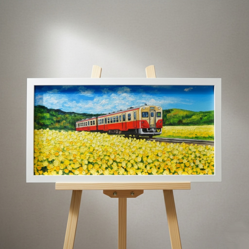 油彩画「石神の菜の花畑とキハ200形」-小湊鐵道の春の情景-