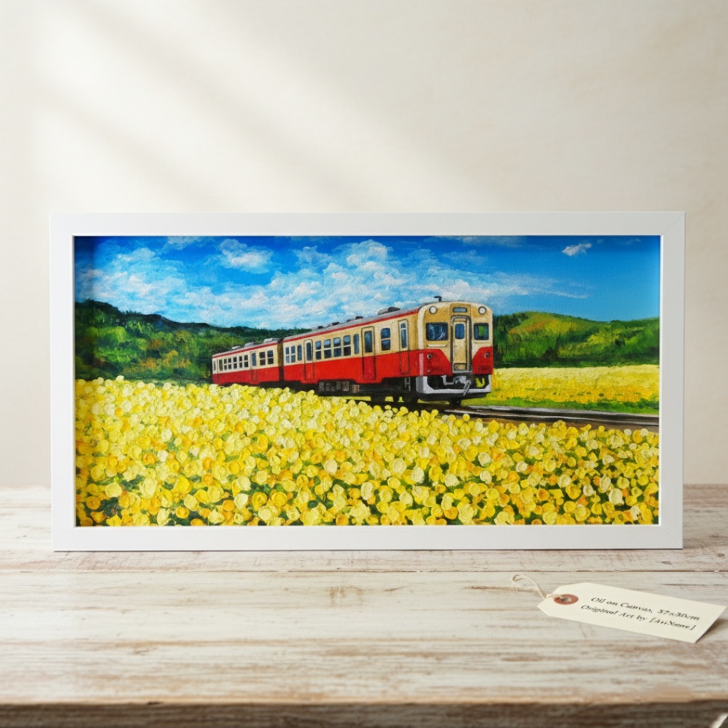 油彩画「石神の菜の花畑とキハ200形」-小湊鐵道の春の情景-