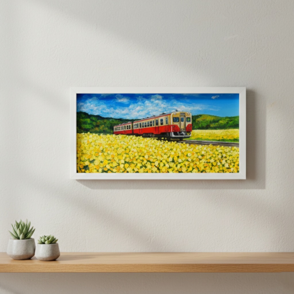 油彩画「石神の菜の花畑とキハ200形」-小湊鐵道の春の情景-