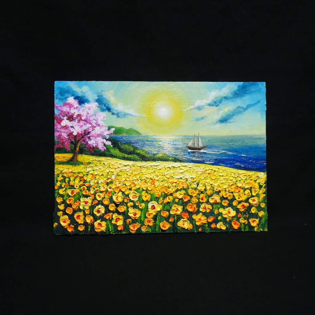 油絵【春の息吹と海の輝き】海 風景画 絵画 原画