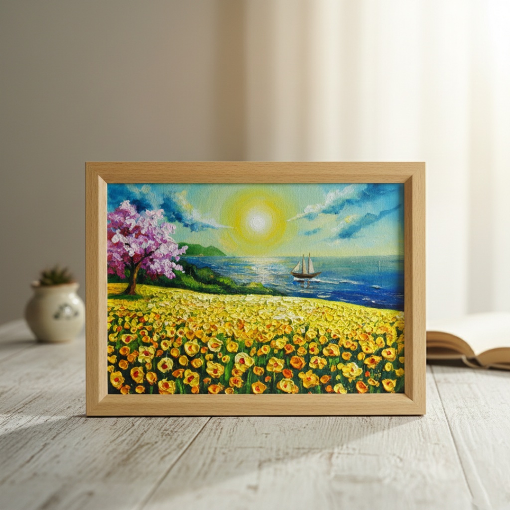 油絵【春の息吹と海の輝き】海 風景画 絵画 原画