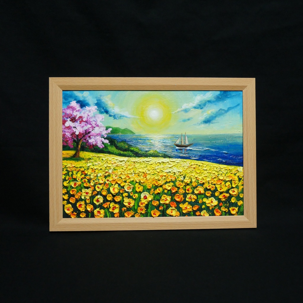 油絵【春の息吹と海の輝き】海 風景画 絵画 原画