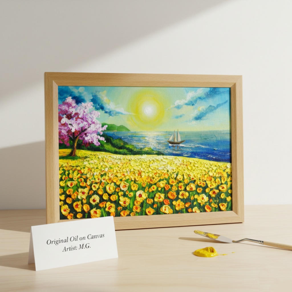 油絵【春の息吹と海の輝き】海 風景画 絵画 原画