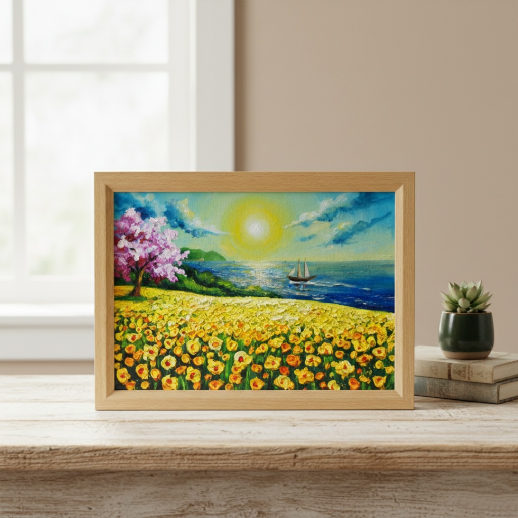 油絵【春の息吹と海の輝き】海 風景画 絵画 原画