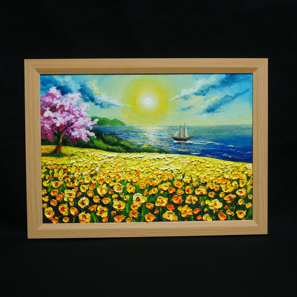 油絵【春の息吹と海の輝き】海 風景画 絵画 原画