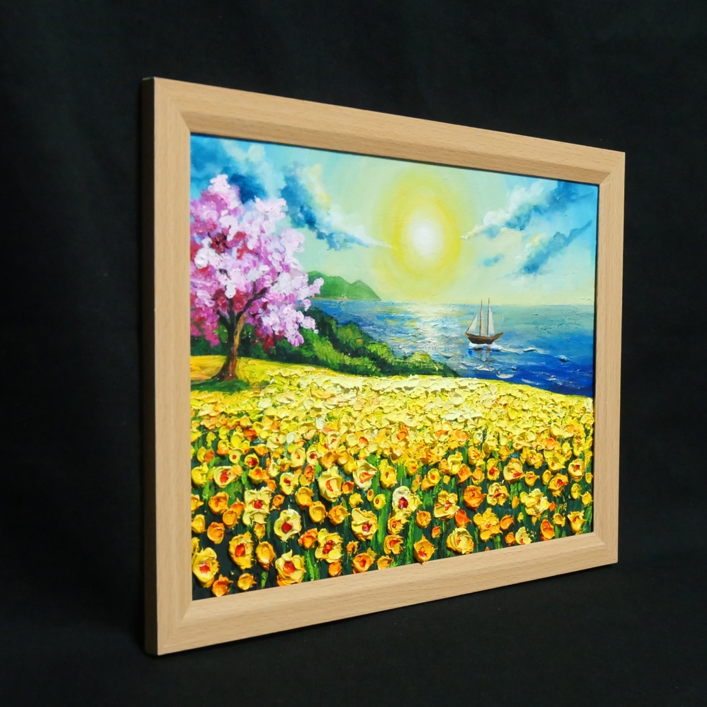 油絵【春の息吹と海の輝き】海 風景画 絵画 原画