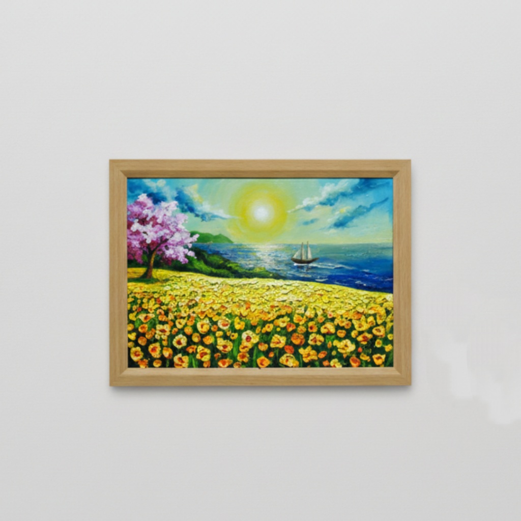 油絵【春の息吹と海の輝き】海 風景画 絵画 原画