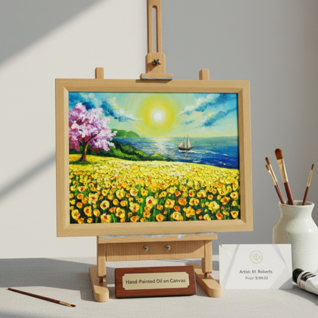 油絵【春の息吹と海の輝き】海 風景画 絵画 原画