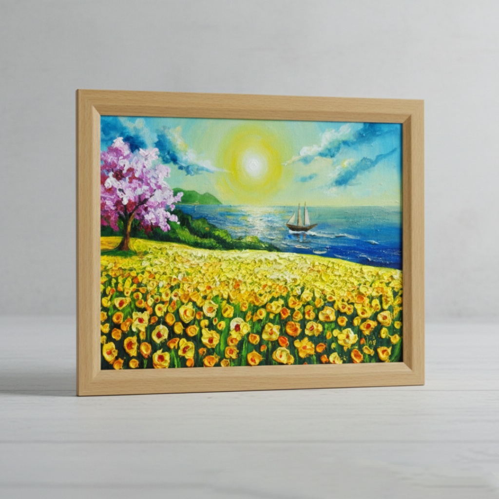 油絵【春の息吹と海の輝き】海 風景画 絵画 原画