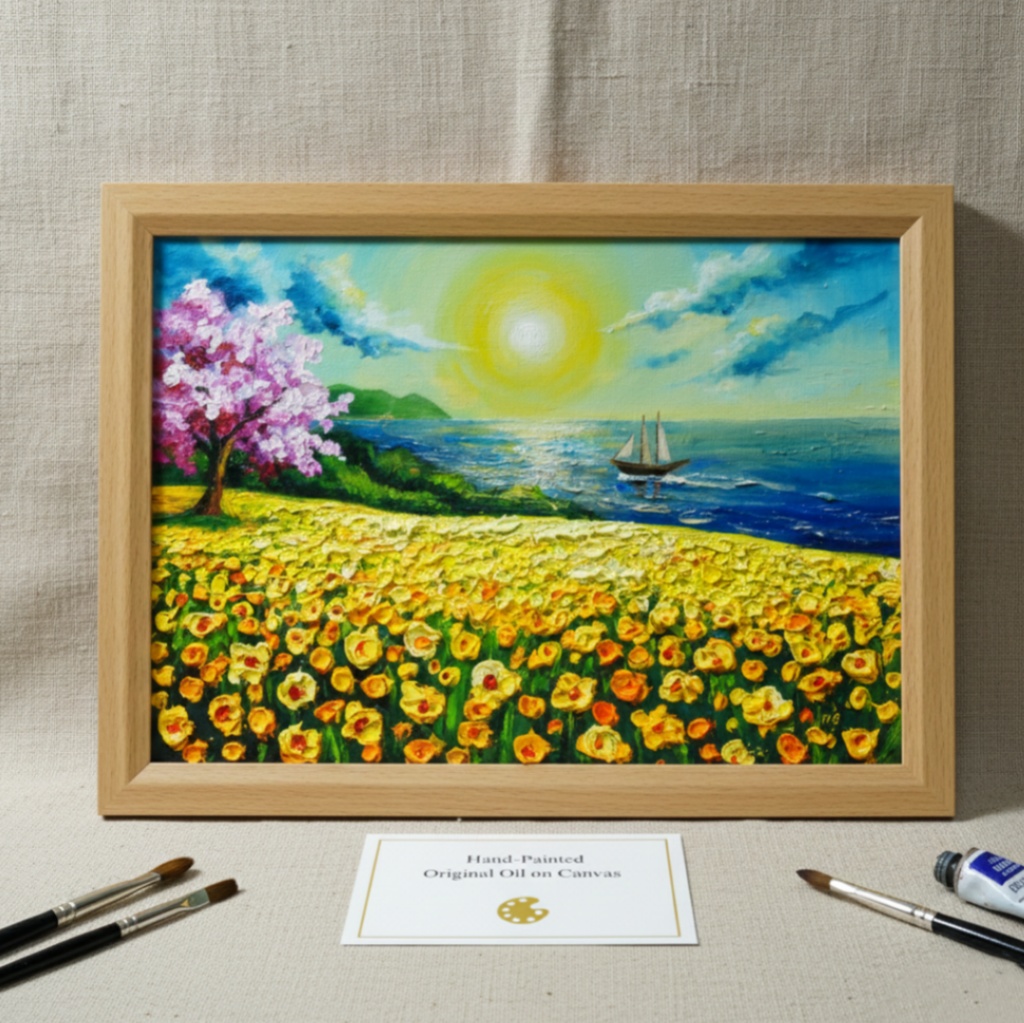 油絵【春の息吹と海の輝き】海 風景画 絵画 原画