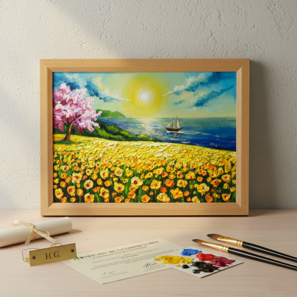 油絵【春の息吹と海の輝き】海 風景画 絵画 原画