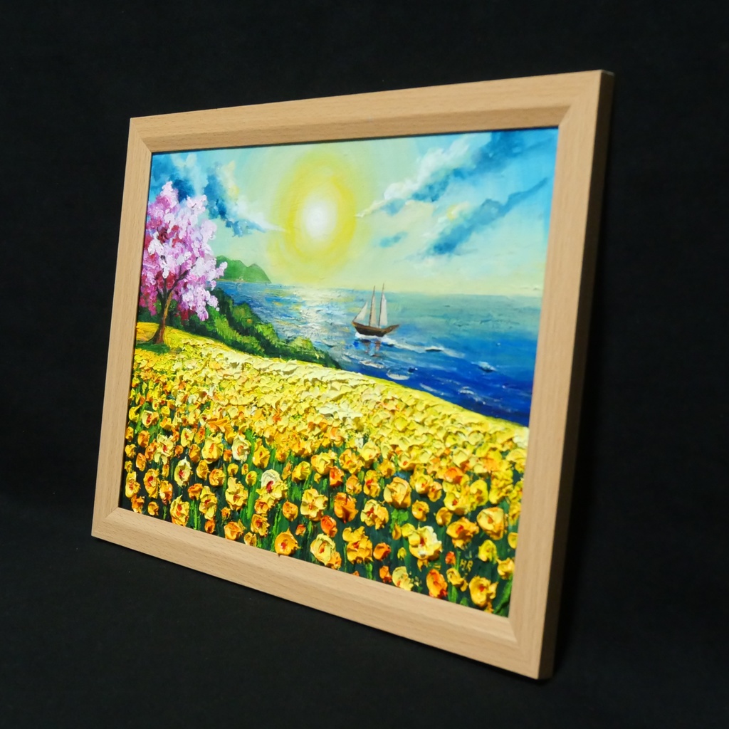 油絵【春の息吹と海の輝き】海 風景画 絵画 原画