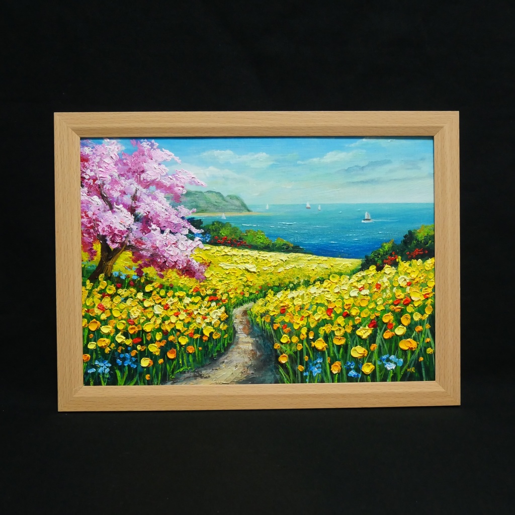 油絵 絵画【希望の花咲く春の日】インテリア 油彩画 春 花