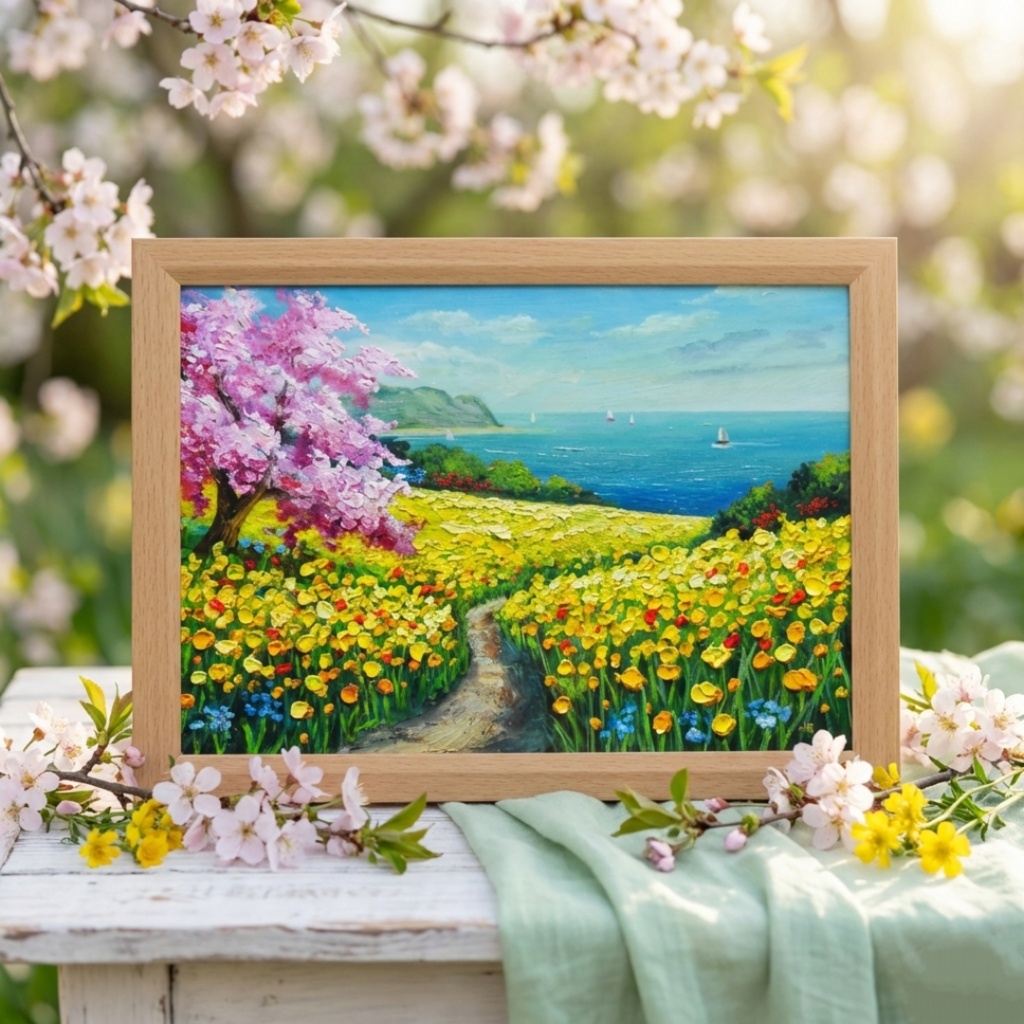 油絵 絵画【希望の花咲く春の日】インテリア 油彩画 春 花