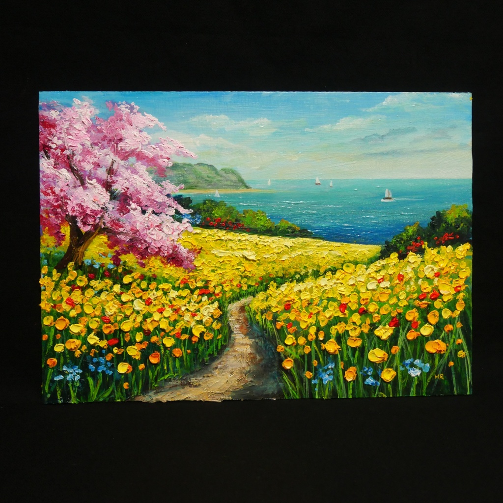 油絵 絵画【希望の花咲く春の日】インテリア 油彩画 春 花