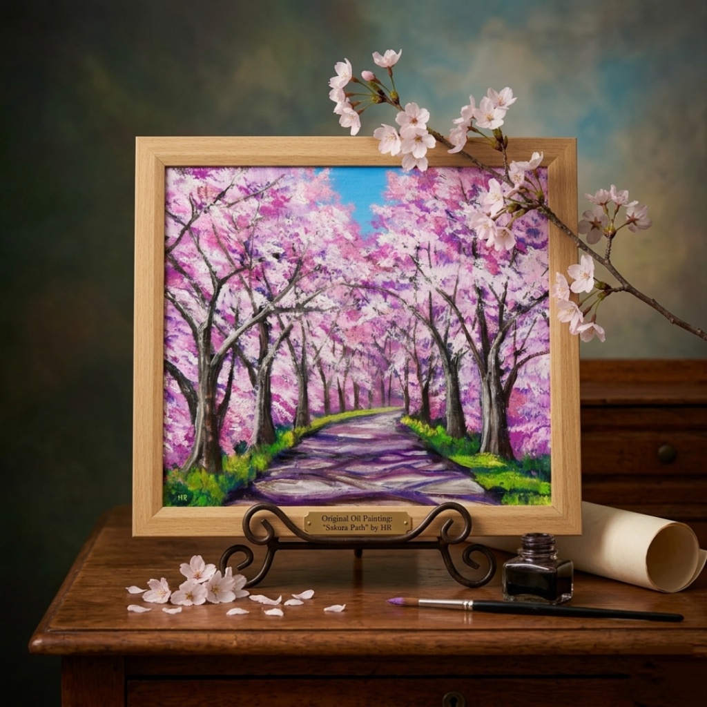 油絵 原画【桜の小道:春の記憶】ピンク 桜の絵 風景画 春のインテリア インテリア絵画 癒やし