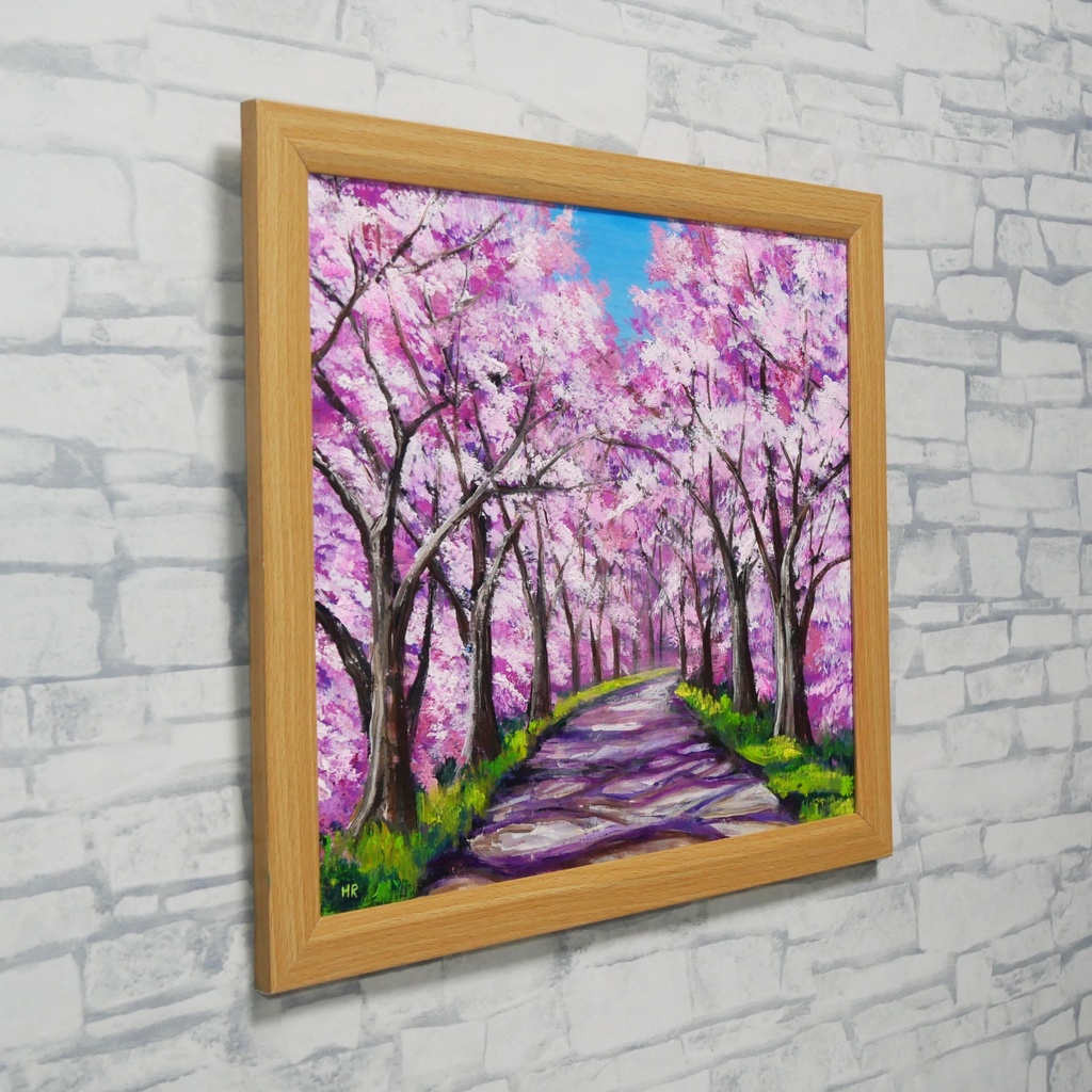 油絵 原画【桜の小道:春の記憶】ピンク 桜の絵 風景画 春のインテリア インテリア絵画 癒やし