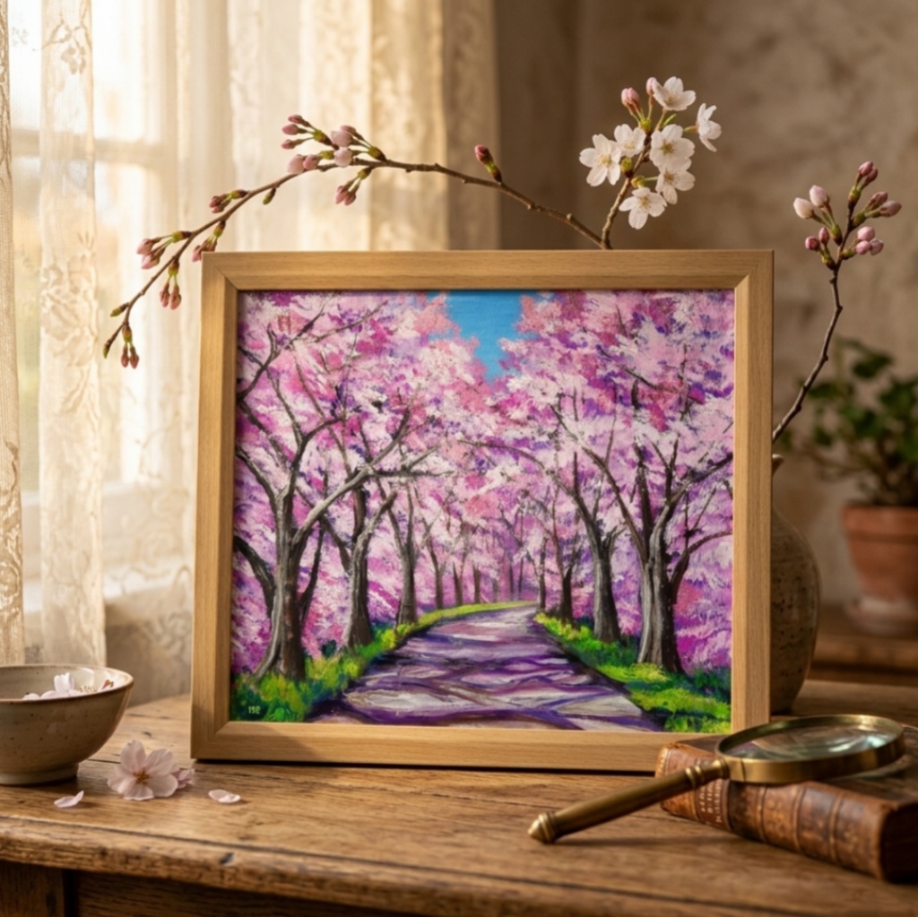 油絵 原画【桜の小道：春の記憶】ピンク 桜の絵 風景画 春のインテリア インテリア絵画 癒やし　