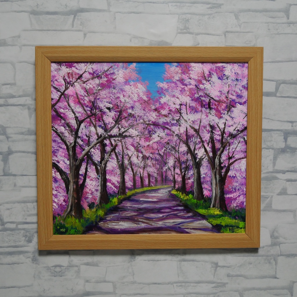 油絵 原画【桜の小道:春の記憶】ピンク 桜の絵 風景画 春のインテリア インテリア絵画 癒やし