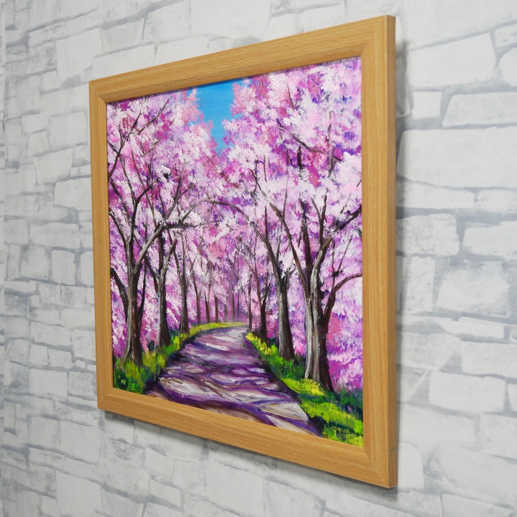 油絵 原画【桜の小道:春の記憶】ピンク 桜の絵 風景画 春のインテリア インテリア絵画 癒やし