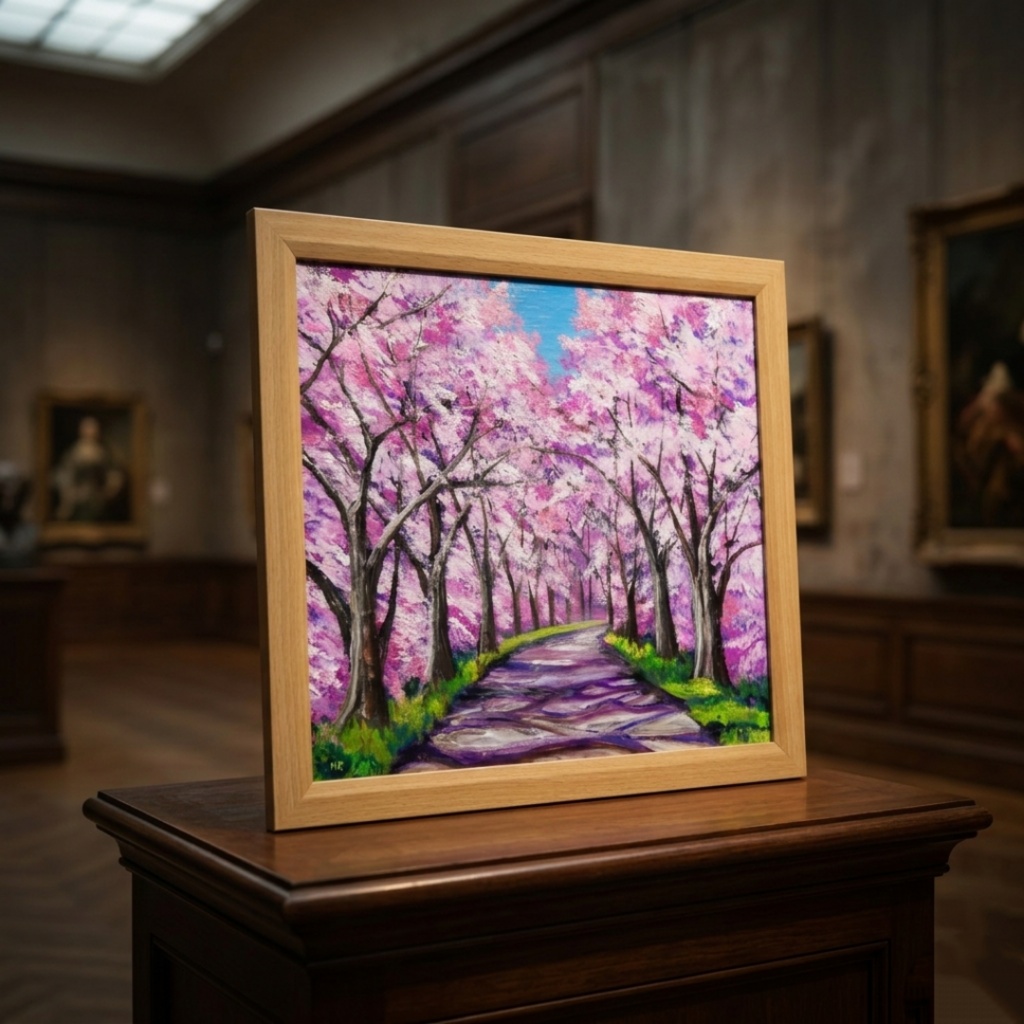 油絵 原画【桜の小道:春の記憶】ピンク 桜の絵 風景画 春のインテリア インテリア絵画 癒やし