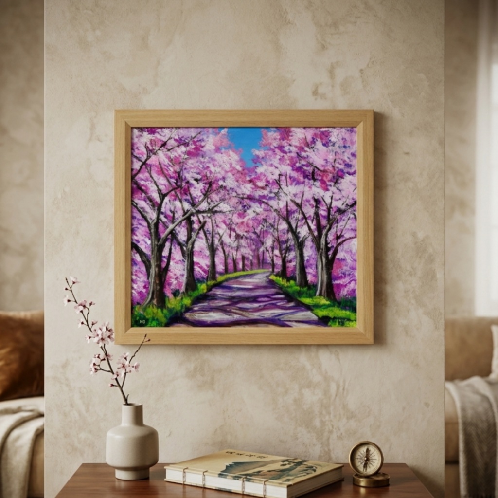 油絵 原画【桜の小道:春の記憶】ピンク 桜の絵 風景画 春のインテリア インテリア絵画 癒やし