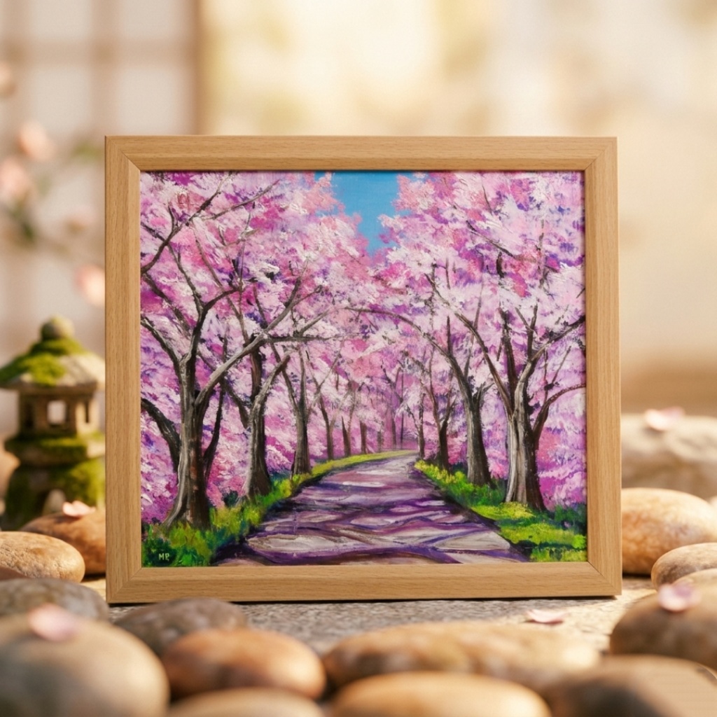油絵 原画【桜の小道:春の記憶】ピンク 桜の絵 風景画 春のインテリア インテリア絵画 癒やし