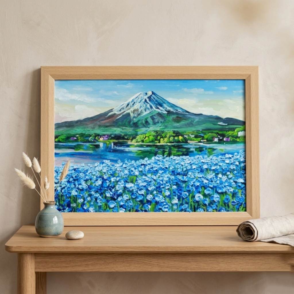 油絵 原画【湖畔に揺れる青い奇跡】風景画 青 ブルー 癒やし インテリア 絵画