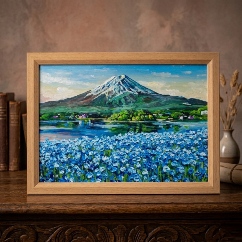 油絵 原画【湖畔に揺れる青い奇跡】風景画 青 ブルー 癒やし インテリア 絵画