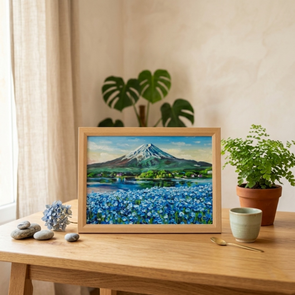 油絵 原画【湖畔に揺れる青い奇跡】風景画 青 ブルー 癒やし インテリア 絵画