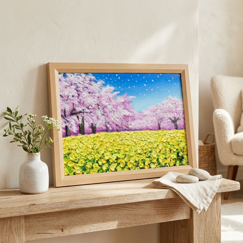 春を呼ぶ油彩画「生命の輝きと春の風」 一点物 インテリアアート