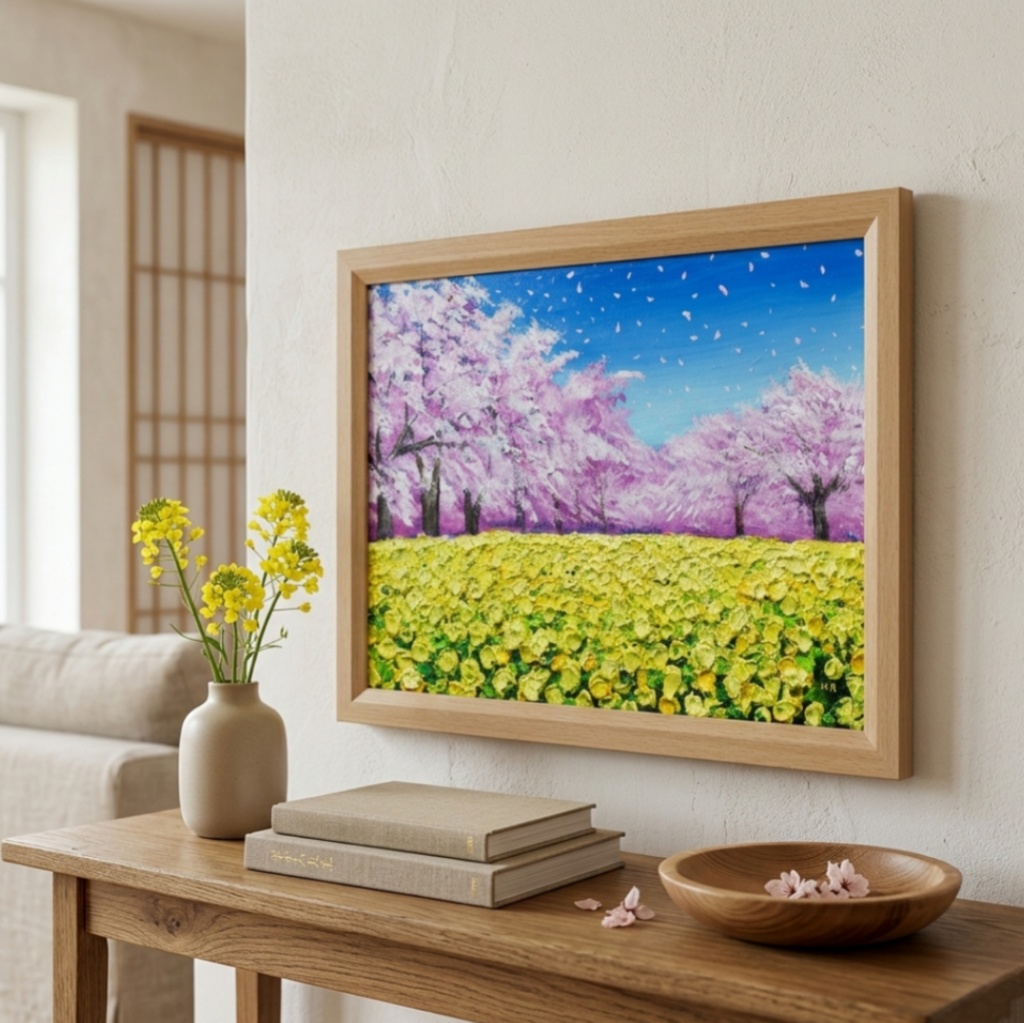 春を呼ぶ油彩画「生命の輝きと春の風」 一点物 インテリアアート