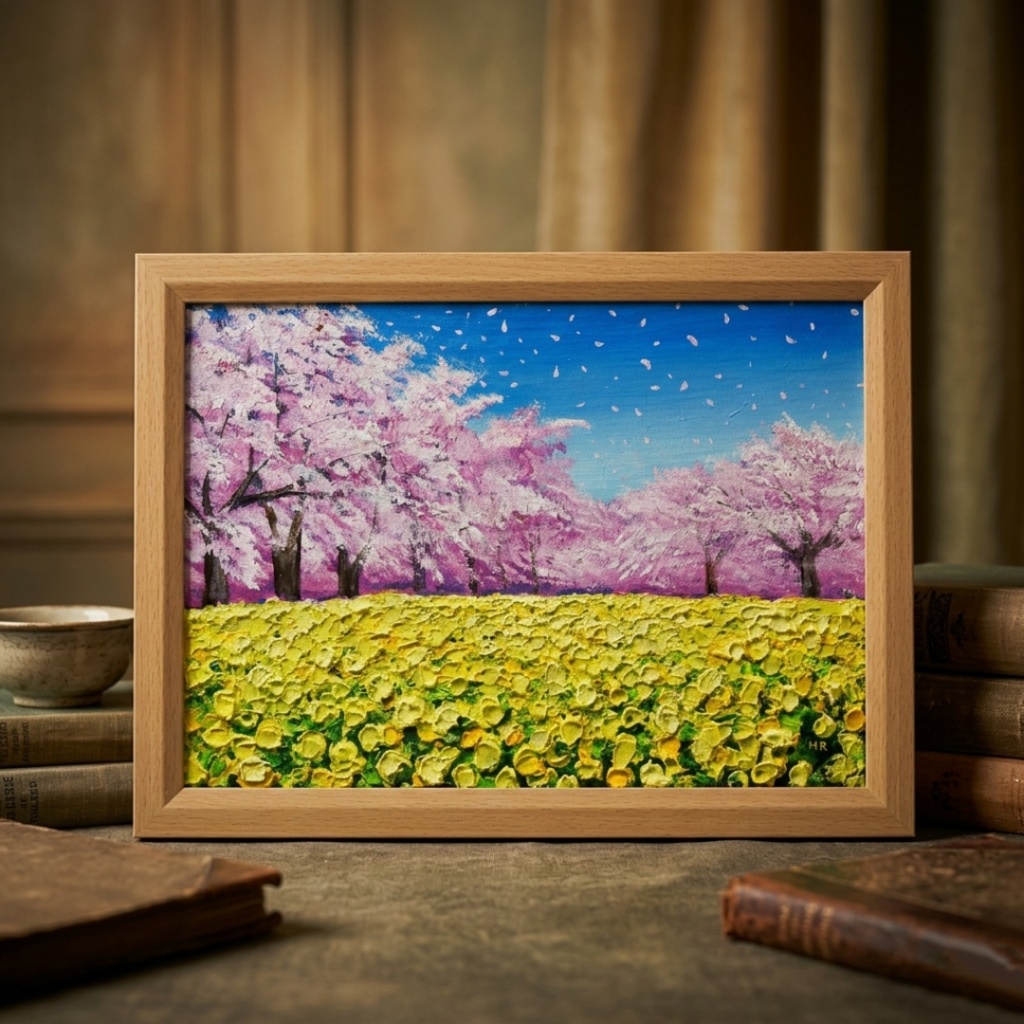 春を呼ぶ油彩画「生命の輝きと春の風」 一点物 インテリアアート