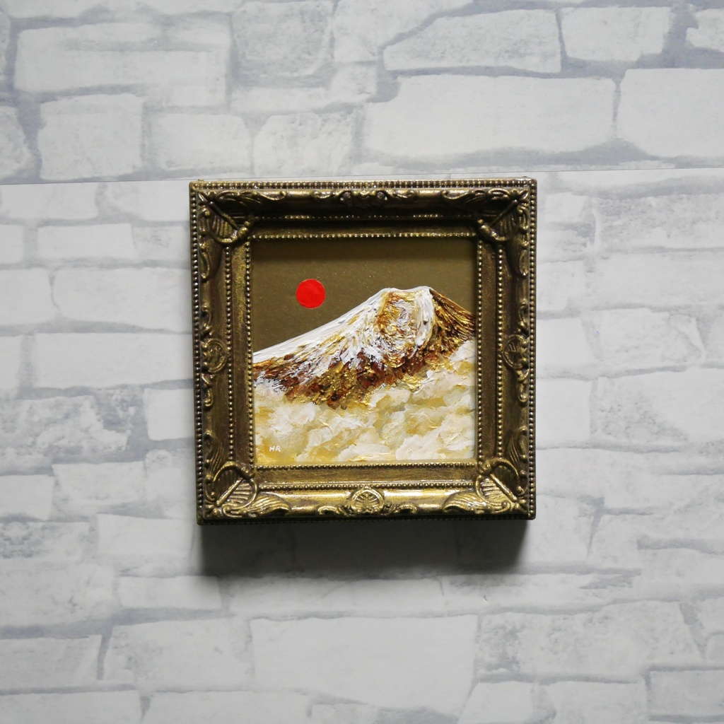 黄金に輝く富士山|油絵ミニ絵画|開運・金運アップの縁起物プチアート