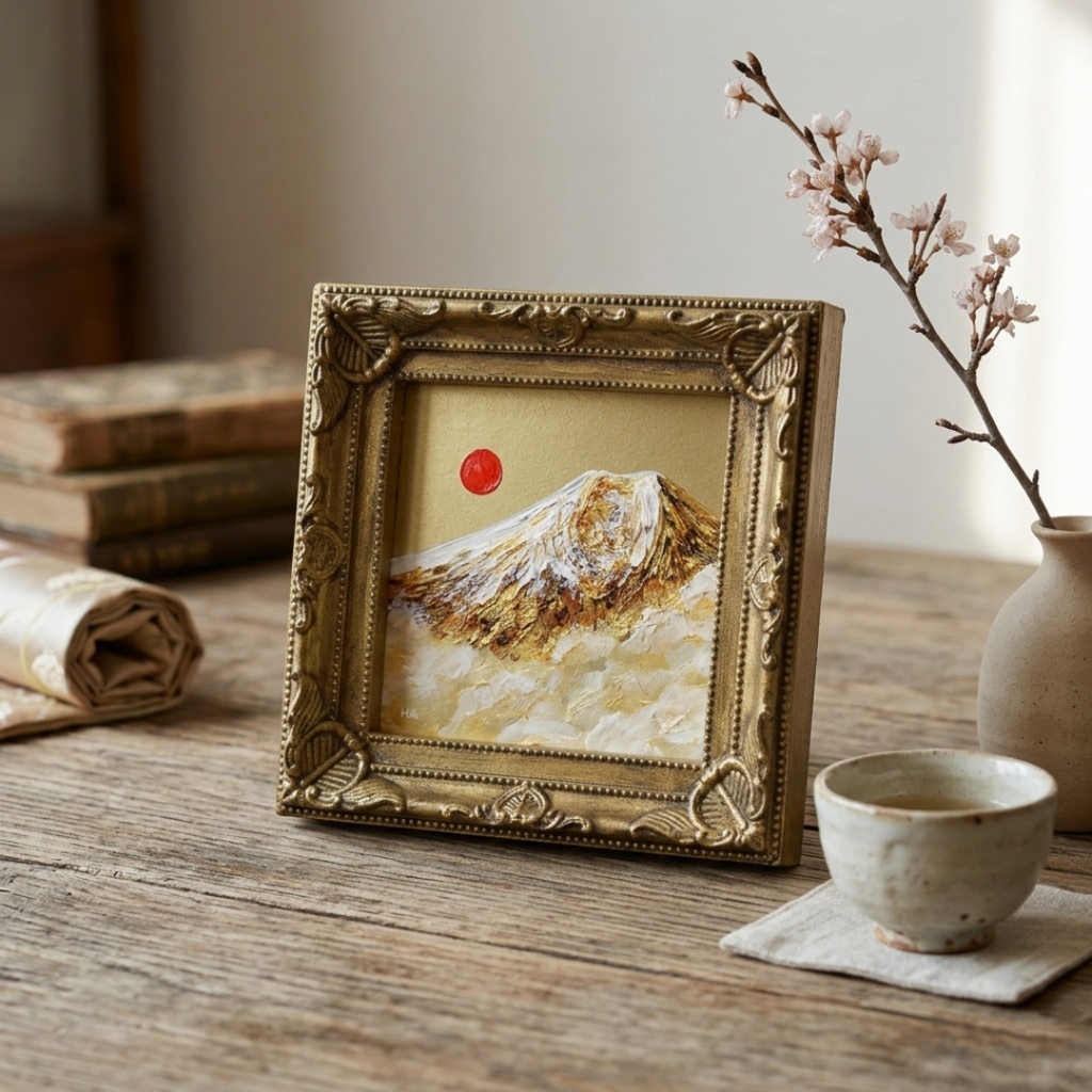 黄金に輝く富士山|油絵ミニ絵画|開運・金運アップの縁起物プチアート