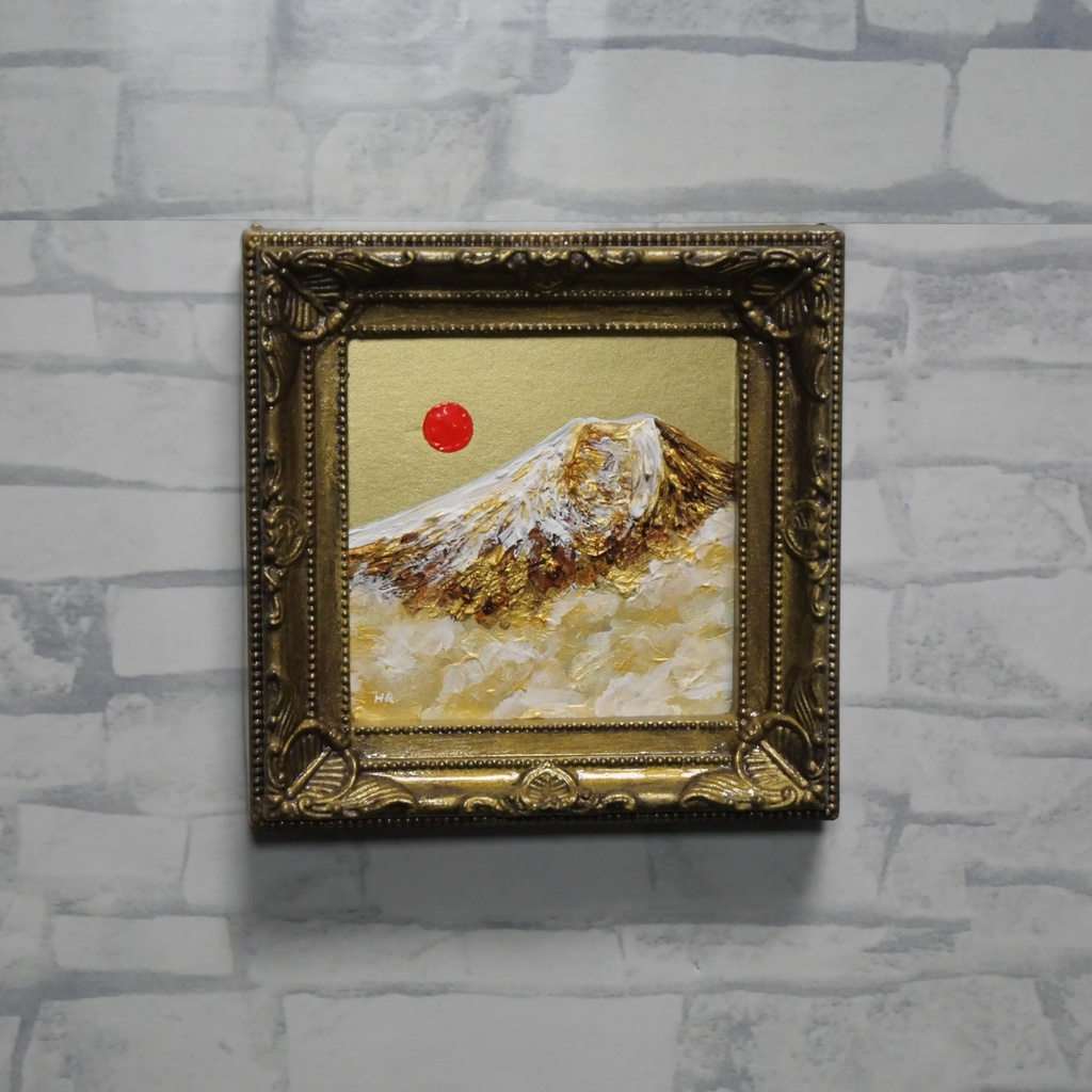 黄金に輝く富士山|油絵ミニ絵画|開運・金運アップの縁起物プチアート
