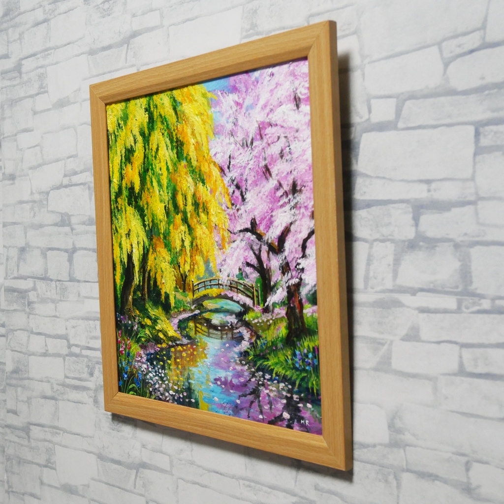 油絵「陽だまりの庭園 〜桜とミモザの咲く日〜」原画 春のインテリア 桜の絵 ミモザ 玄関に飾る絵 風景画