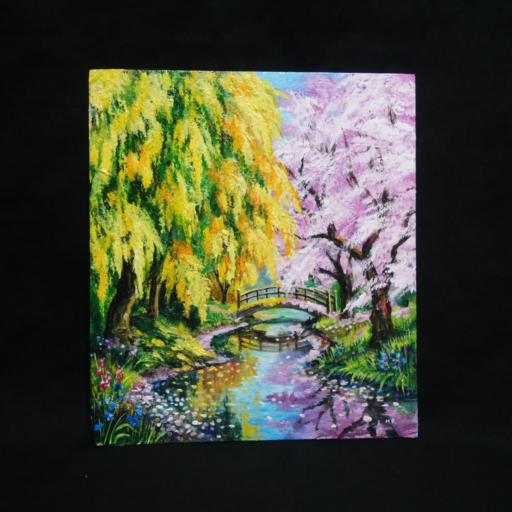 油絵「陽だまりの庭園 〜桜とミモザの咲く日〜」原画 春のインテリア 桜の絵 ミモザ 玄関に飾る絵 風景画