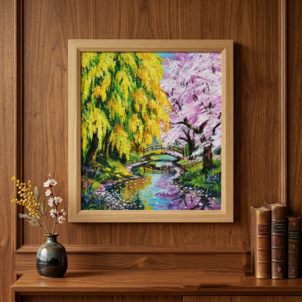 油絵「陽だまりの庭園 〜桜とミモザの咲く日〜」原画 春のインテリア 桜の絵 ミモザ 玄関に飾る絵 風景画