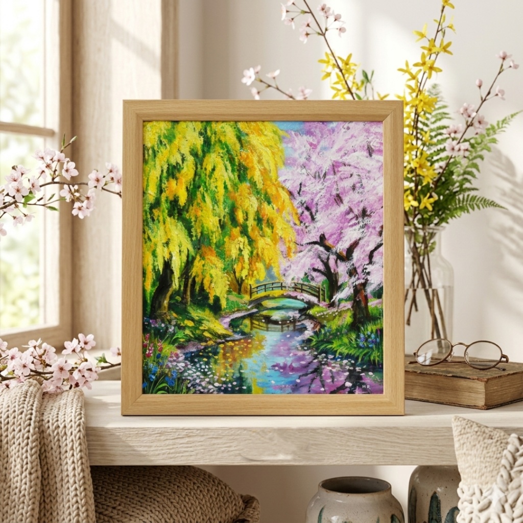 油絵「陽だまりの庭園 〜桜とミモザの咲く日〜」原画 春のインテリア 桜の絵 ミモザ 玄関に飾る絵 風景画