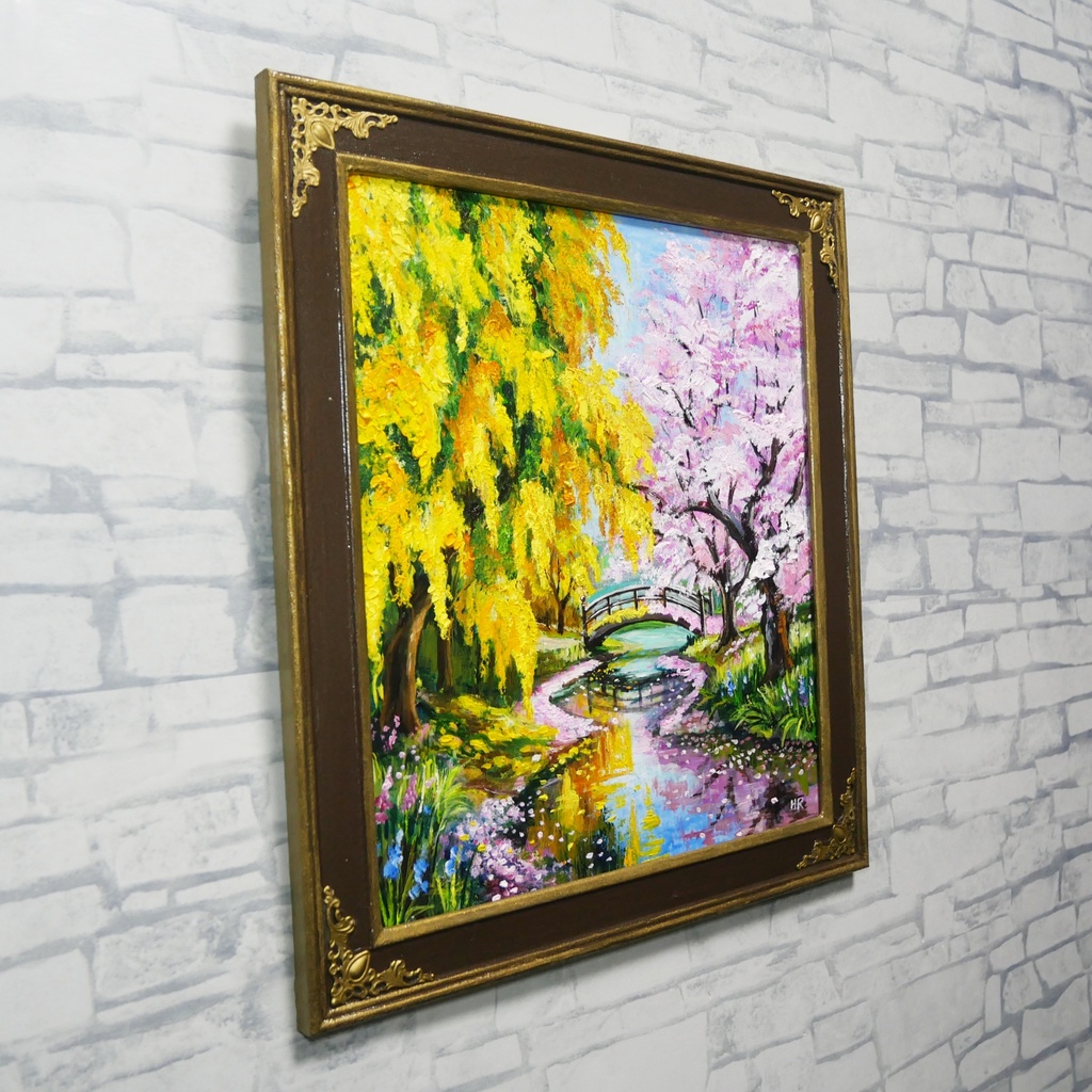 油絵「陽だまりの庭園 〜桜とミモザの咲く日〜」原画 春のインテリア 桜の絵 ミモザ 玄関に飾る絵 風景画