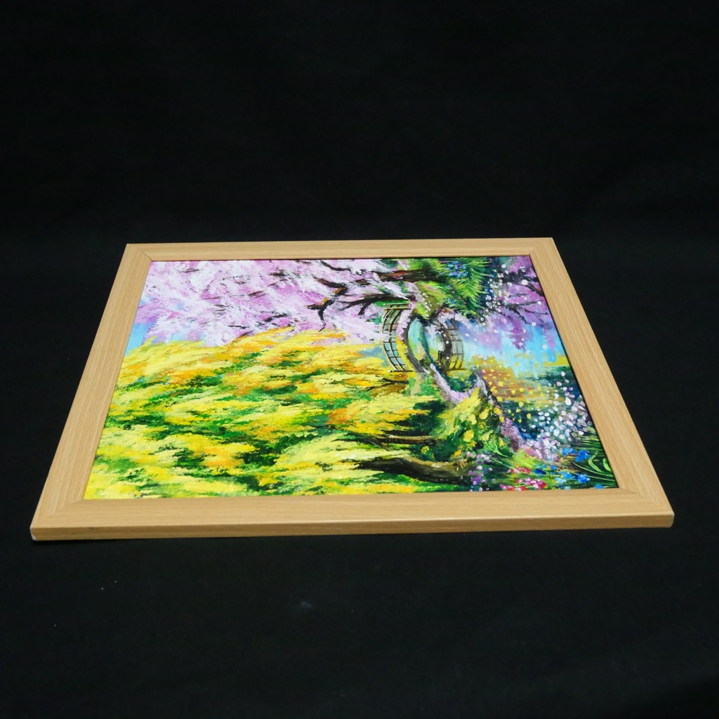 油絵「陽だまりの庭園 〜桜とミモザの咲く日〜」原画 春のインテリア 桜の絵 ミモザ 玄関に飾る絵 風景画