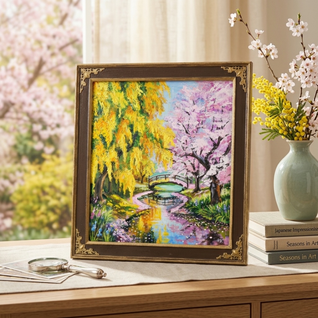 油絵「陽だまりの庭園 〜桜とミモザの咲く日〜」原画 春のインテリア 桜の絵 ミモザ 玄関に飾る絵 風景画